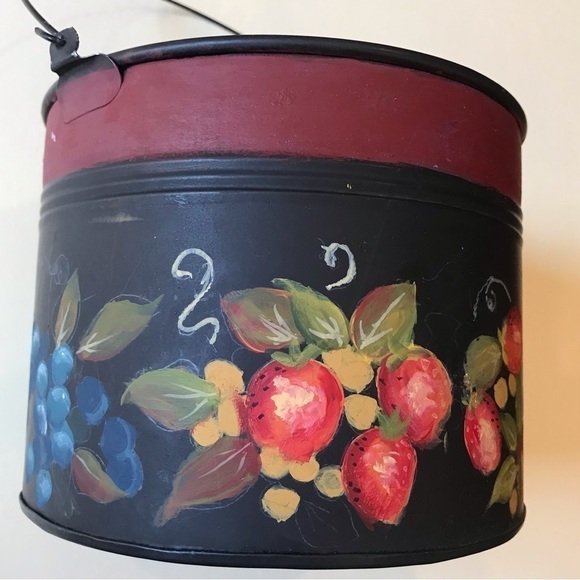 Cottagecore Hand painted Toleware Tin Bucket w/ Lid, Features a Fruit Motif - Picture 4 of 16